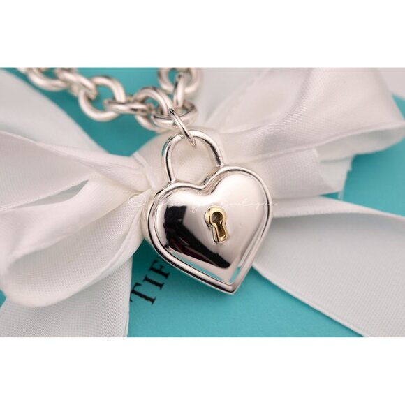 Tiffany & Co. Heart Lock Necklace Thick 16" Chain 18k Gold Sterling Silver - Picture 3 of 8